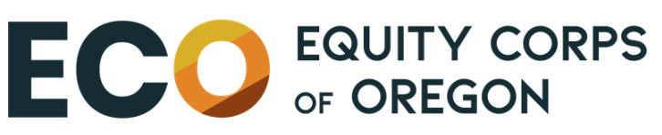 Equity Corps of Oregon logo: large, black EC and a large O that's yellow, orange, and brown.